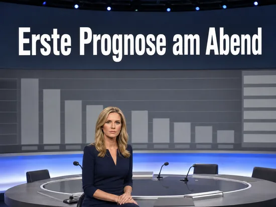 Frau sitzt am Wahlabend in einem Fernsehstudio vor einer grossen Diagrammwand
