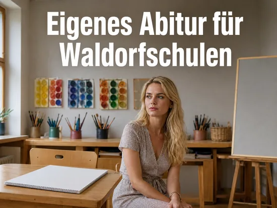 Frau in einem Klassenraum mit Malutensilien und leerem Zeichenblock