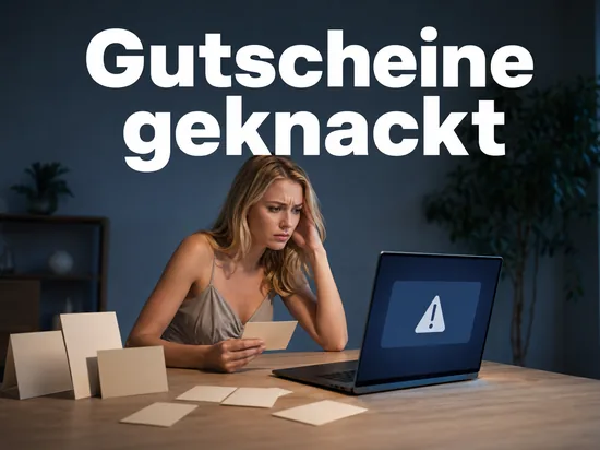 Frau am Tisch mit Geschenkgutscheinen und Laptop mit Warnsymbol: Hacker loesten Gutscheine selbst ein