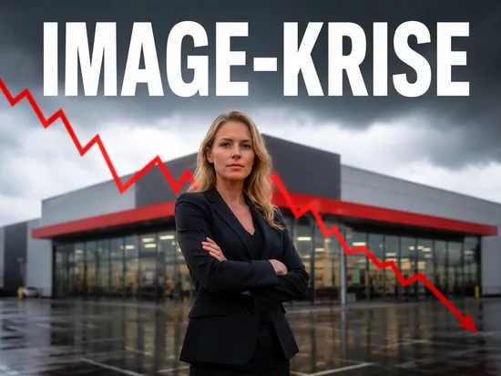 Ernste blonde Geschaeftsfrau vor grossem generischem Supermarkt und fallendem rotem Kursdiagramm, Symbolbild Image-Krise einer grossen Handelskette