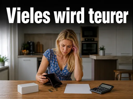 Frau am Kuechentisch mit leerer Geldboerse und Taschenrechner, Schriftzug Vieles wird teurer