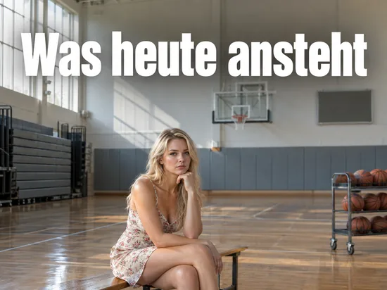 Frau im Kleid sitzt auf einer Bank in einer Sporthalle neben einem Ballwagen