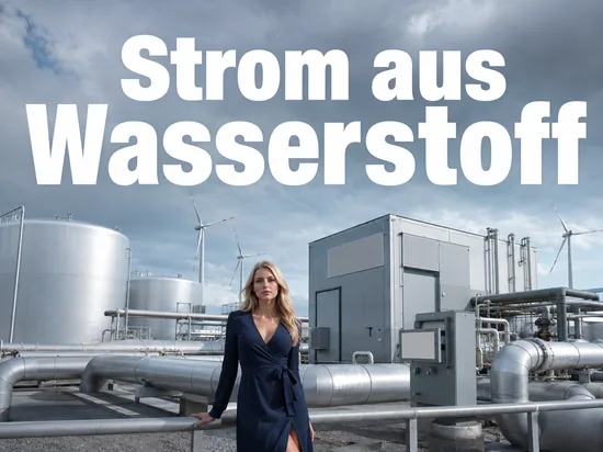 Frau vor einem Kraftwerk mit Rohrleitungen und Windrädern im Hintergrund