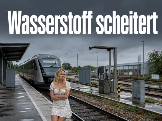 Regionalzug am Bahnsteig eines ländlichen Bahnhofs neben einem Betriebshof mit Tanksäule