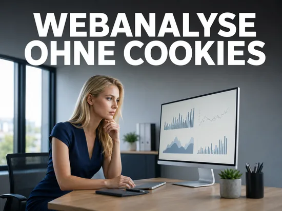 Blonde Frau im dunkelblauen Kleid blickt ernst auf einen Monitor mit Statistik-Diagrammen, Schriftzug Webanalyse ohne Cookies