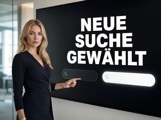 Blonde Geschäftsfrau vor einem Bildschirm mit zwei Suchfeldern, eines abgeschaltet und eines leuchtend, als Symbol für den Wechsel der Suchmaschine