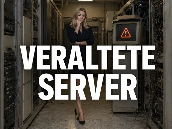 Blonde Geschäftsfrau in einem veralteten Serverraum mit Warnsymbol auf einem alten Monitor als Symbol für Webseiten auf Windows NT 4