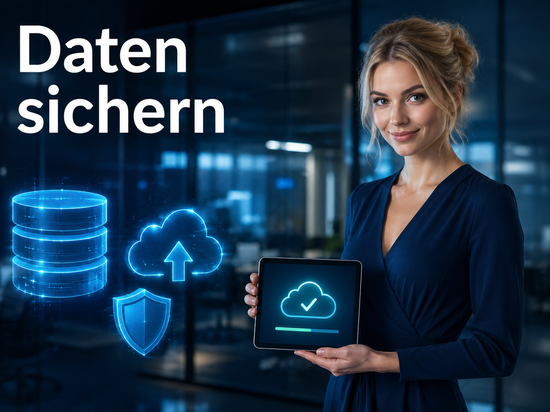 Blonde Frau im dunkelblauen Kleid hält ein Tablet mit einem Cloud-Backup-Symbol und grünem Haken, daneben Datenbank und Schutzschild