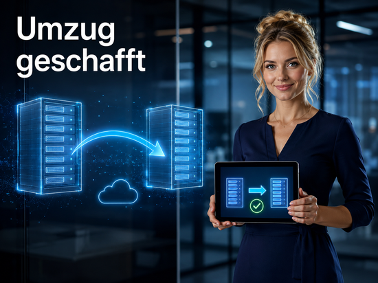 Blonde Frau im dunkelblauen Kleid hält ein Tablet mit Server-Umzug-Symbol und grünem Haken, daneben zwei Server und ein Pfeil