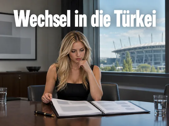 Frau im Kleid sitzt in einem Besprechungsraum vor einem Vertragsordner, draussen ein Stadion