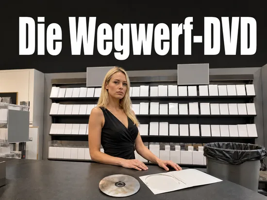 Frau hinter einem Ladentresen mit einer angelaufenen DVD und leeren Hüllen im Regal
