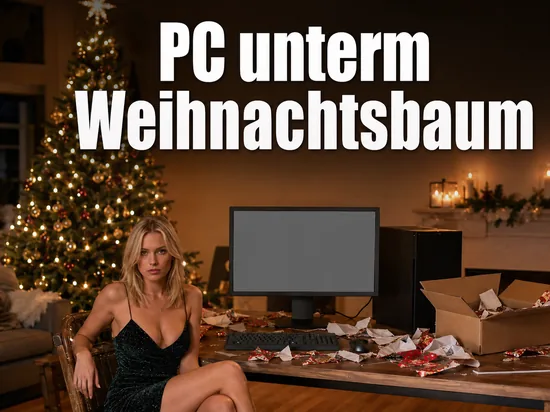 Frau vor einem neu ausgepackten Computer neben einem geschmückten Weihnachtsbaum