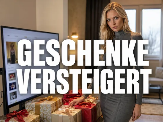 Blonde Frau steht streng neben verpackten Geschenken vor Monitor mit Auktionsseite, Schriftzug Geschenke versteigert