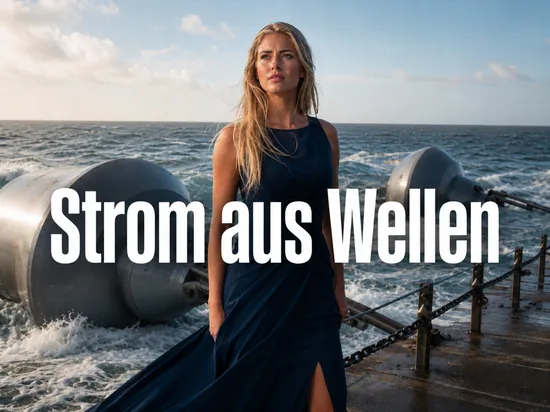 Schwimmende Wellenkraft-Schwimmkoerper aus Metall an einer Hafenmole im Meer, davor eine Frau