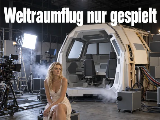 Frau in einer Filmstudiohalle vor der Attrappe einer Raumfaehrenkabine