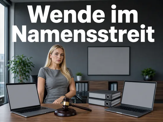 Buerotisch mit zwei Laptops, Richterhammer und Aktenordnern