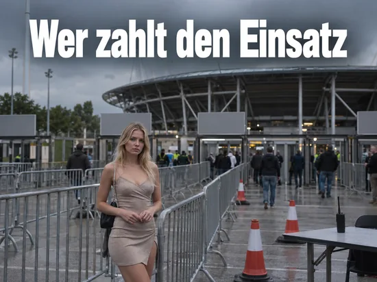 Frau im Kleid steht am Absperrgitter vor einem Stadioneingang