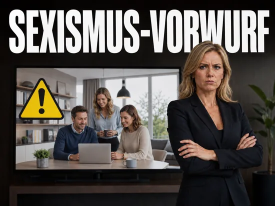 Werbespot wird auf Frauenfeindlichkeit geprüft, kritische Geschäftsfrau mit verschränkten Armen vor einem Fernseher mit Warnzeichen