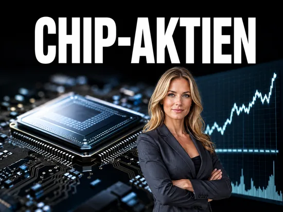 Blonde Geschaeftsfrau vor Halbleiter-Chip und steigendem Aktienkurs, Symbolbild Chip- und Technologieaktien