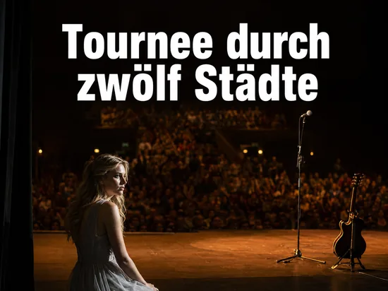 Frau am Rand einer Konzertbuehne mit Mikrofon und Gitarre, Schriftzug Tournee durch zwoelf Staedte