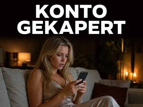 Blonde Frau auf dem Sofa blickt erschrocken auf ihr Smartphone, Schriftzug Konto gekapert