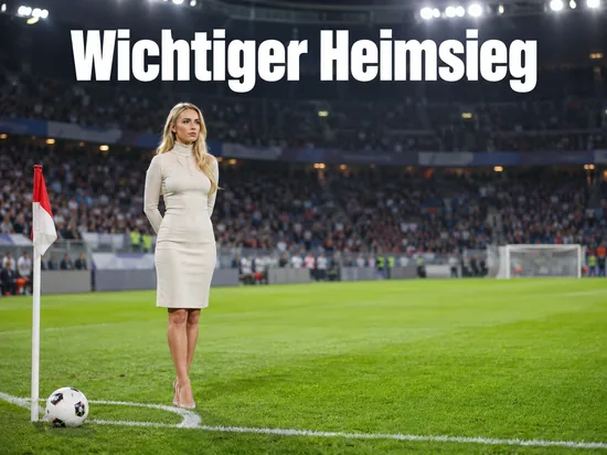 Stadion im Flutlicht mit Eckfahne und Ball, eine Frau steht am Spielfeldrand