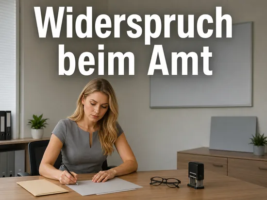 Schreibtisch mit Umschlag, Formular, Brille und Stempel in einem Beratungsbuero