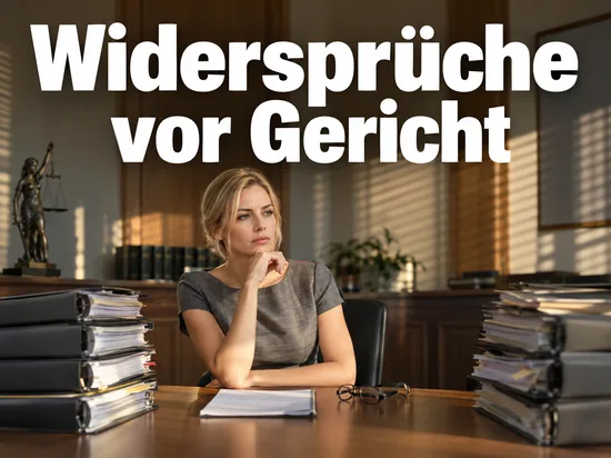 Frau sitzt zwischen zwei hohen Aktenstapeln an einem Schreibtisch in einem Gerichtsbuero