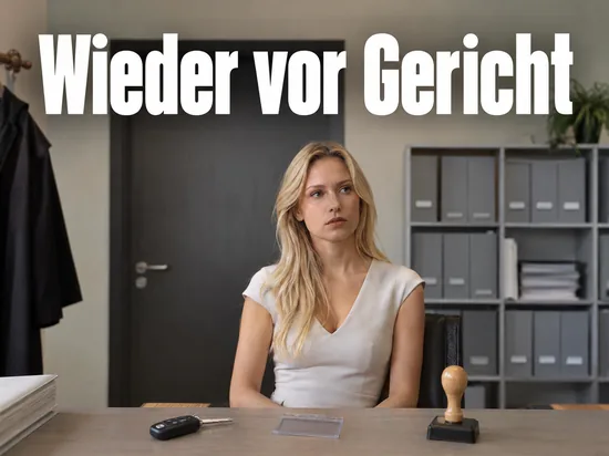 Frau sitzt an einem Amtstisch mit Autoschlüssel, Ausweishülle und Stempel