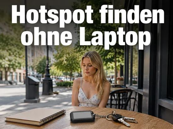 Frau im Straßencafé mit einem kleinen Hotspot-Finder am Schlüsselbund