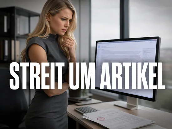 Blonde Geschaeftsfrau vor Monitor mit Online-Lexikonartikel und Gerichtsdokument, Schriftzug Streit um Artikel