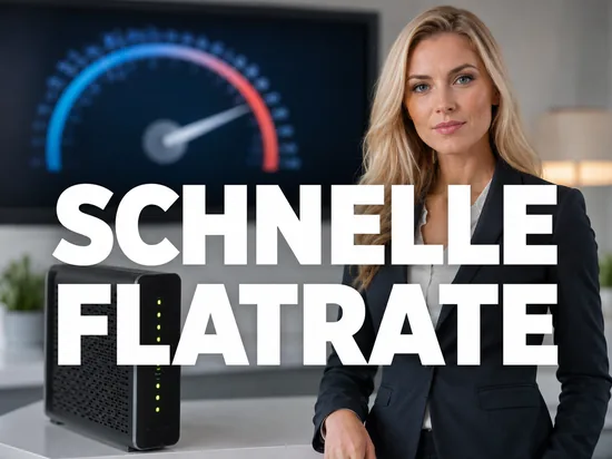 Blonde Geschaeftsfrau neben einem Kabelmodem vor einer Tempo-Anzeige, Schriftzug Schnelle Flatrate