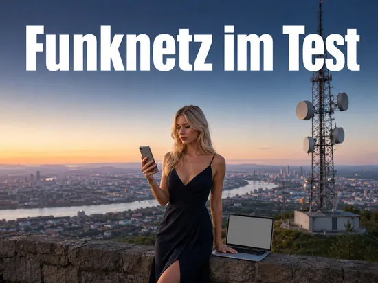 Blonde Frau auf einer Anhöhe über einer Stadt am Fluss, daneben ein Funkmast und ein Laptop mit leerem Bildschirm