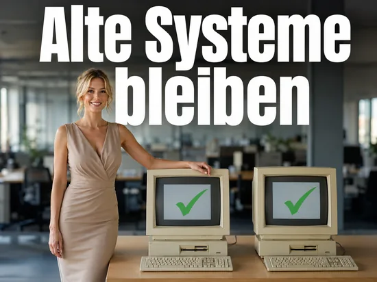 Frau neben zwei aelteren Computern mit gruenen Haken als Symbol fuer den bis 2006 verlaengerten Support von Windows 98, SE und ME