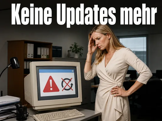 Besorgte Frau vor altem Roehrenmonitor mit Warnhinweis: keine Sicherheitsupdates mehr fuer Windows 98 und Me