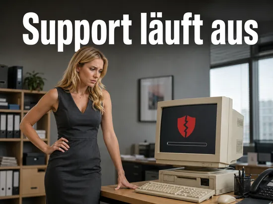 Frau blickt besorgt auf alten PC mit zerbrochenem Schutzschild: Microsoft beendet kostenfreien Support fuer Windows 98