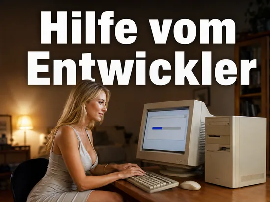 Frau an einem aelteren Computer mit laufender Installation als Symbol fuer das von einem freien Entwickler erstellte Service Pack fuer Windows 98 SE