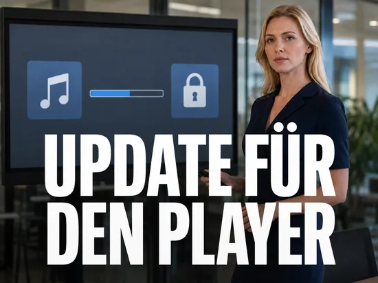Geschaeftsfrau vor Monitor mit Update-Fortschrittsbalken, Notensymbol und Vorhaengeschloss