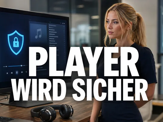 Geschaeftsfrau vor Monitor mit Musikplayer und blauem Schutzschild als Symbol fuer ein Sicherheitsupdate