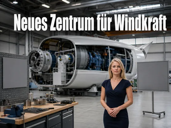 Frau in einer Werkhalle vor dem Modell einer Windkraftanlage