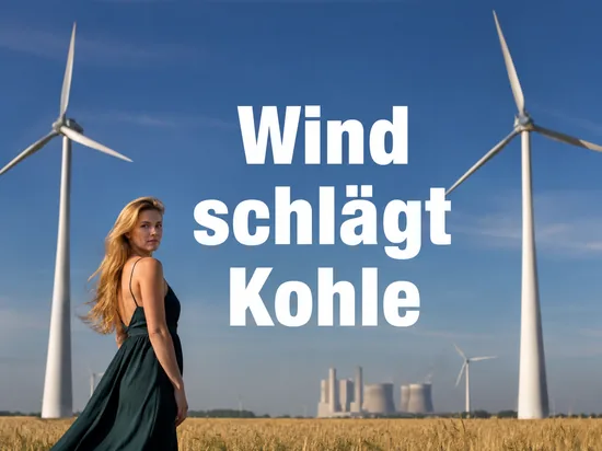 Grosse Windraeder im Vordergrund, im Hintergrund ein stillgelegtes Kohlekraftwerk ohne Rauch, davor eine Frau