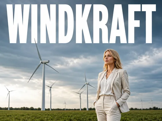 Nachdenkliche blonde Geschaeftsfrau auf gruenem Feld vor Windkraftanlagen, Symbolbild Windkraft-Ausbau und Zielverfehlung in Niedersachsen