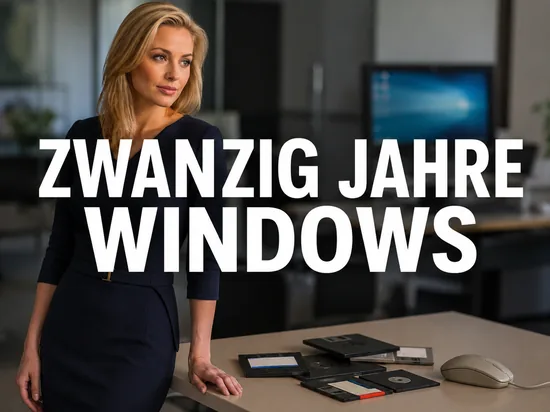 Geschaeftsfrau an einem Tisch mit alten Disketten und Computermaus als Symbol fuer zwanzig Jahre Windows