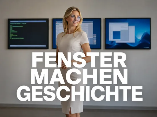 Geschaeftsfrau vor drei Bildschirmen mit der Entwicklung von Textoberflaeche zu modernem Desktop