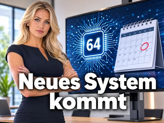 Geschaeftsfrau neben einem Monitor mit Prozessor-Symbol und Kalender als Symbol fuer den angekuendigten Start eines 64-Bit-Betriebssystems