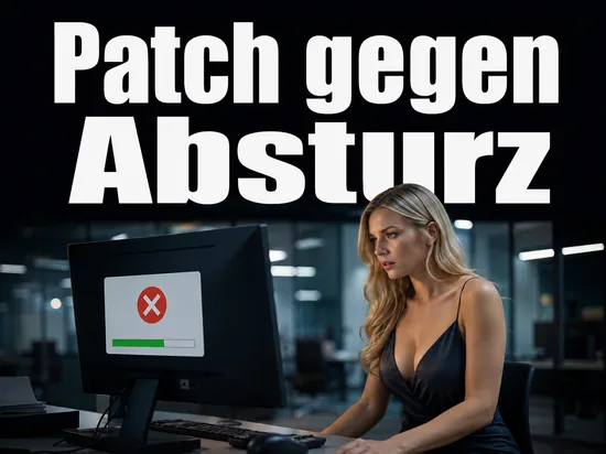 Geschaeftsfrau vor einem Monitor mit Fehlerdialog und Installationsbalken als Symbol fuer den Patch gegen Abstuerze des Windows-Installers unter Service Pack 2