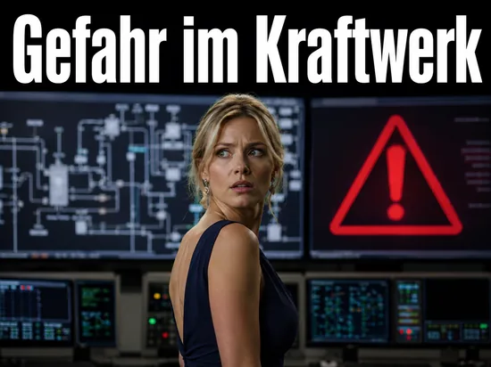 Alarmierte Geschaeftsfrau in einer Leitwarte mit Anlagenschema und rotem Warndreieck als Symbol fuer eine Windows-Sicherheitsluecke bis in Kraftwerke