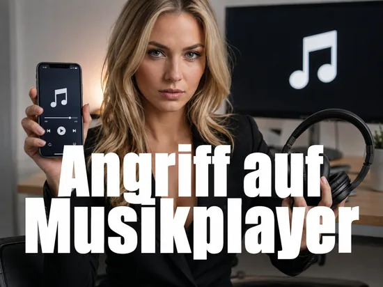 Geschaeftsfrau mit Smartphone und Kopfhoerern vor einem Monitor mit Notensymbol als Symbol fuer den Angriff eines Handy-Betriebssystems auf tragbare Musikplayer