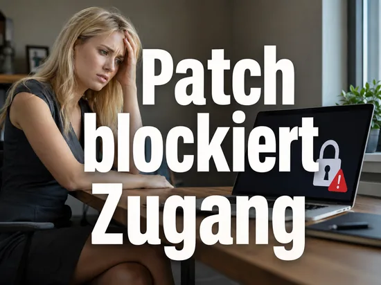 Ratlose Geschaeftsfrau am Schreibtisch vor einem Laptop mit Vorhaengeschloss und rotem Warndreieck als Symbol fuer einen Windows-Patch der den Zugang blockiert