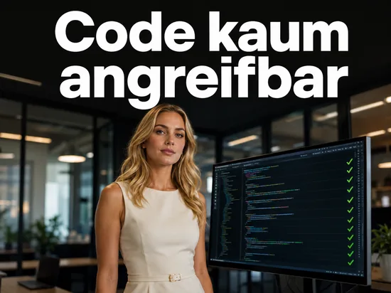 Geschaeftsfrau vor einem Monitor mit Programmcode und gruenen Haken als Symbol fuer die Analyse des weitgehend schwachstellenfreien Windows-Quellcodes